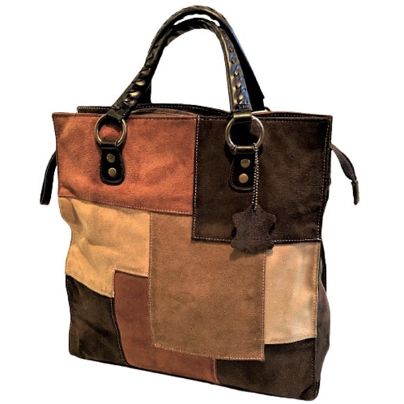 Vintage Handbags - Vintage suede patchwork brown tones tote bag purse